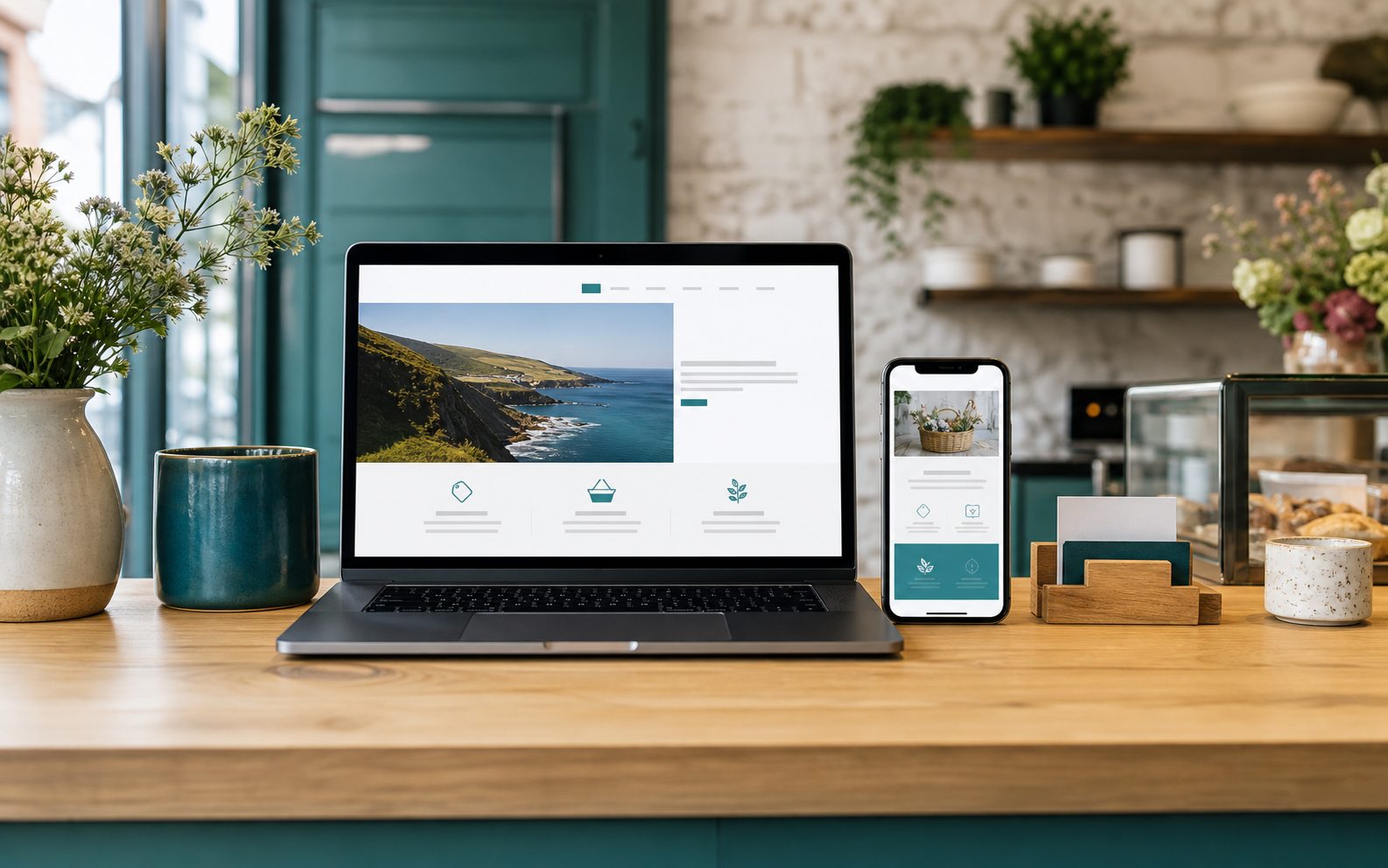 Laptop and phone showing a small business website in a local shop setting