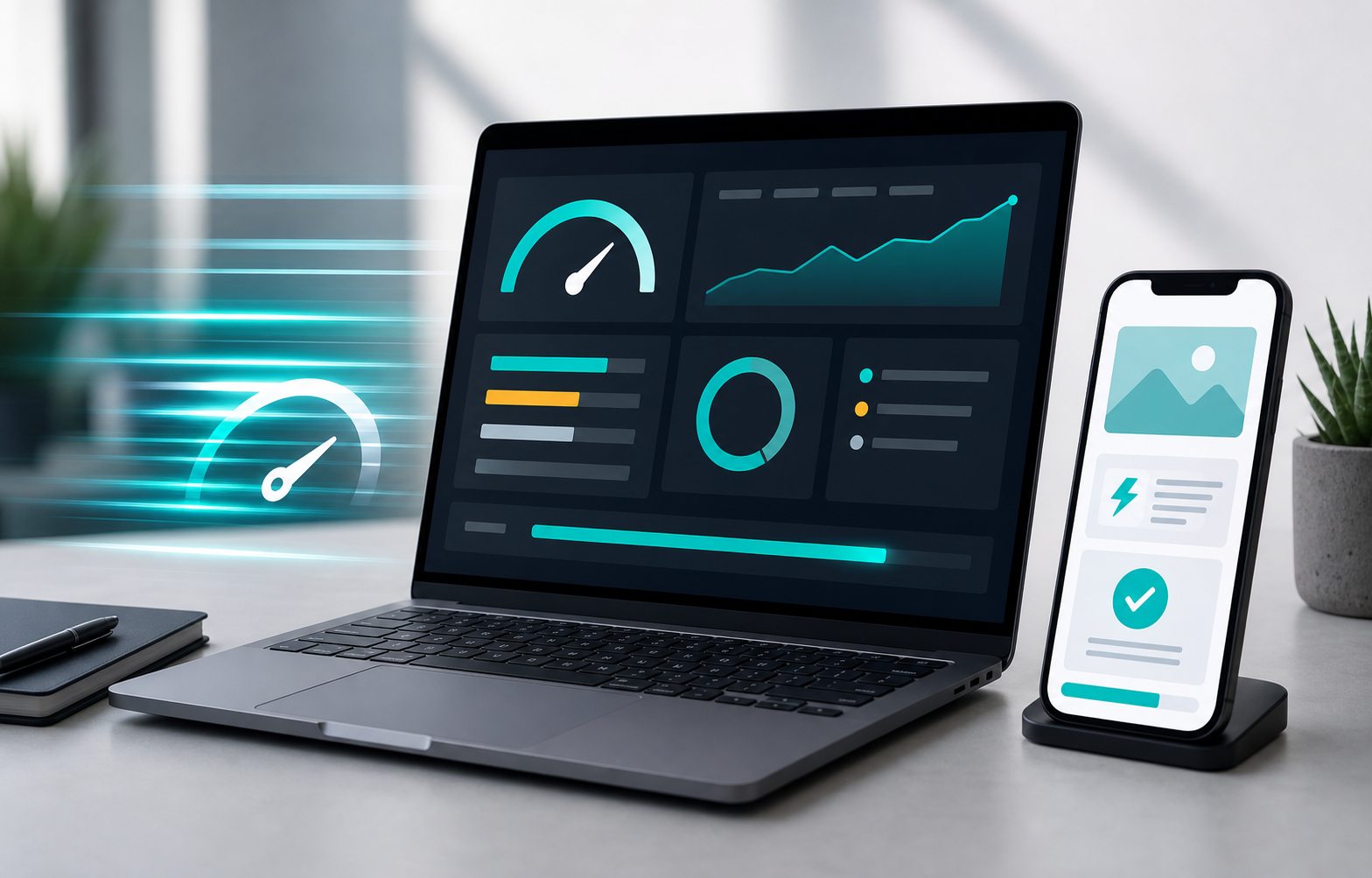 Laptop performance dashboard and mobile website speed interface
