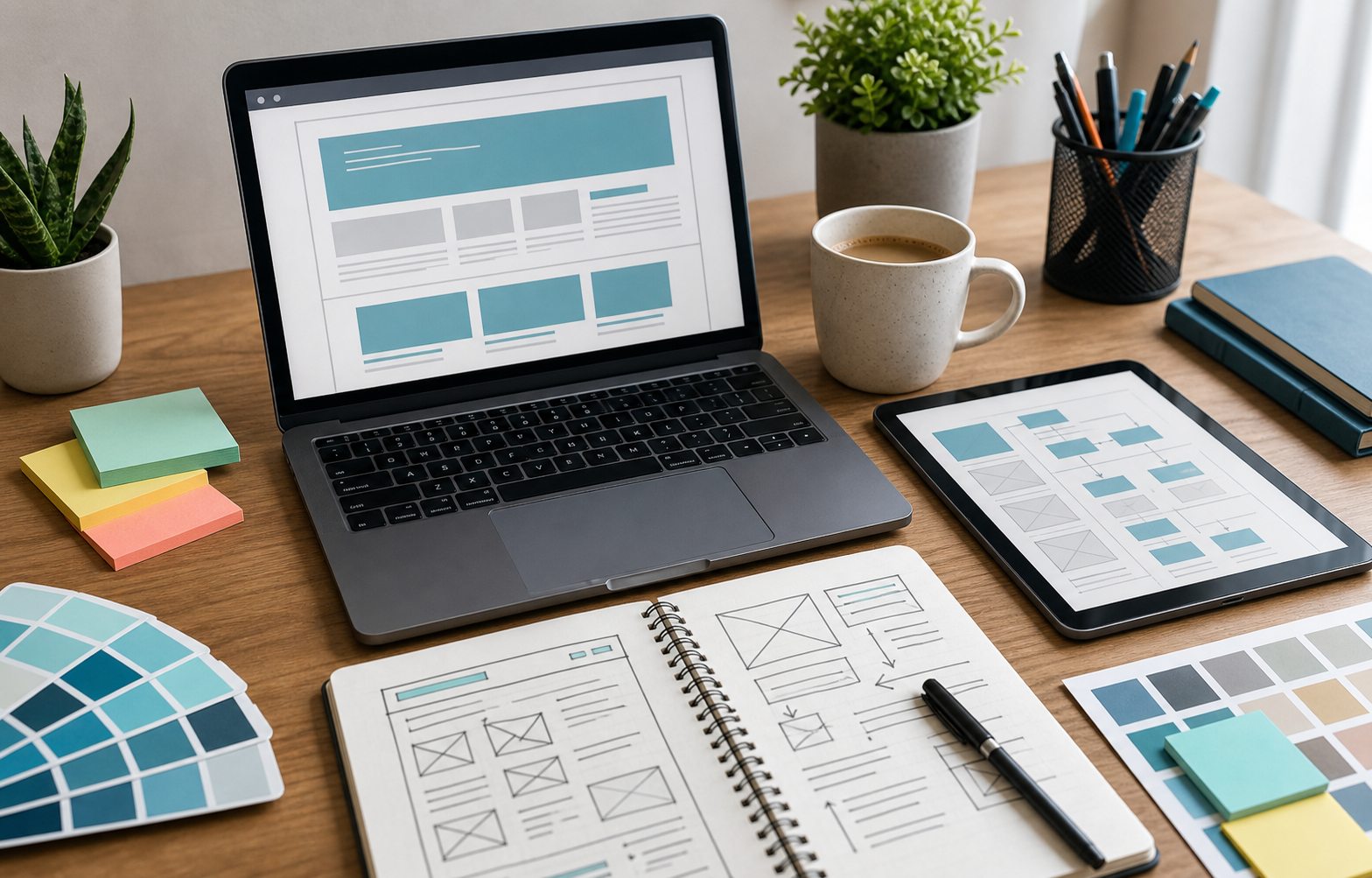 Design workspace with wireframes, laptop, tablet and planning materials